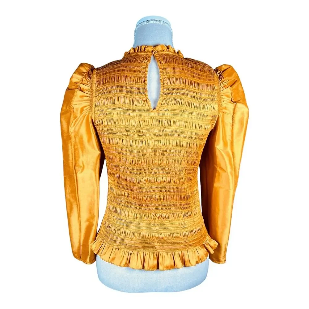 Ulla Johnson Aurele Marigold Silk Blend Smocked Puff Sleeve Top Size 2 Small